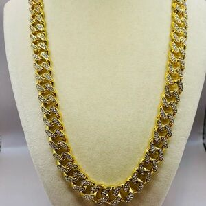 Gold Tone Cuban Link Chain with Thick Links and Rhinestone Finish. 20 inches.